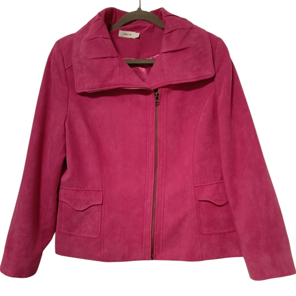 14 🌸Spring Hot Pink Cropped Blazer Jacket Faux Suede Wide Collar